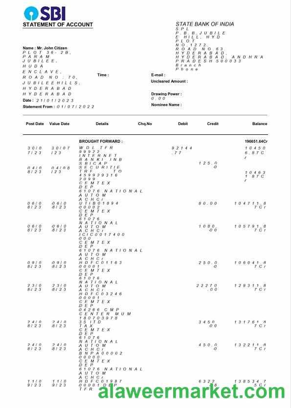 USA State Bank of India bank statement Word and PDF template, 3 pages